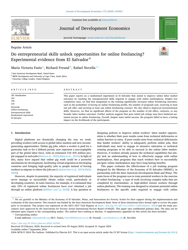 Do entrepreneurial skills unlock opportunities for online freelancing? Experimental evidence from El Salvador